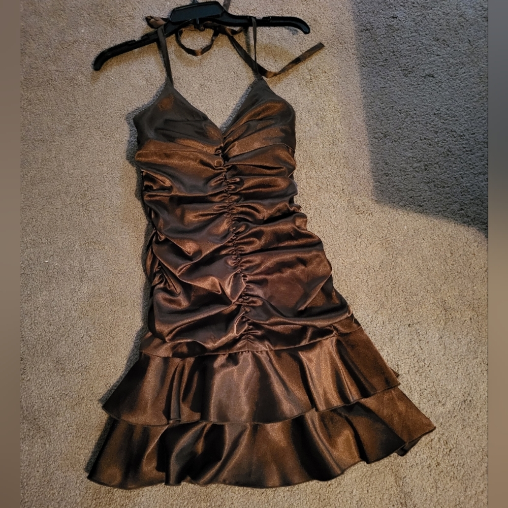 Silky bronze halter dress